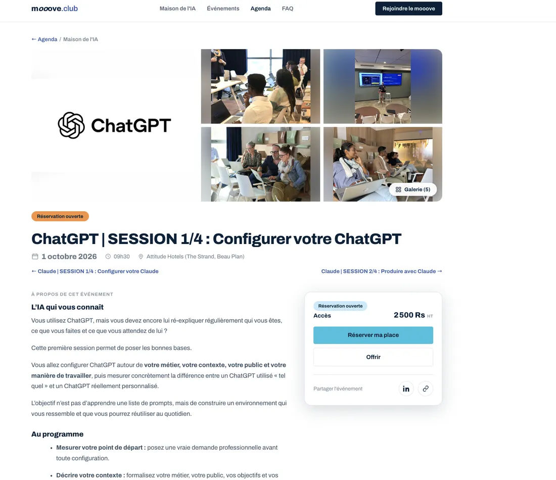 Fiche session de la Maison de l'IA&nbsp;: Configurer votre ChatGPT, réservation à Rs 2,500